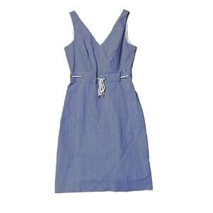 J Crew Coastal Grandma Preppy Striped V Neck Rope Tie Waist Dress Blue White 0